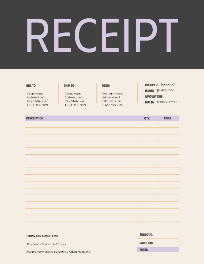 Screenshot of a receipt template