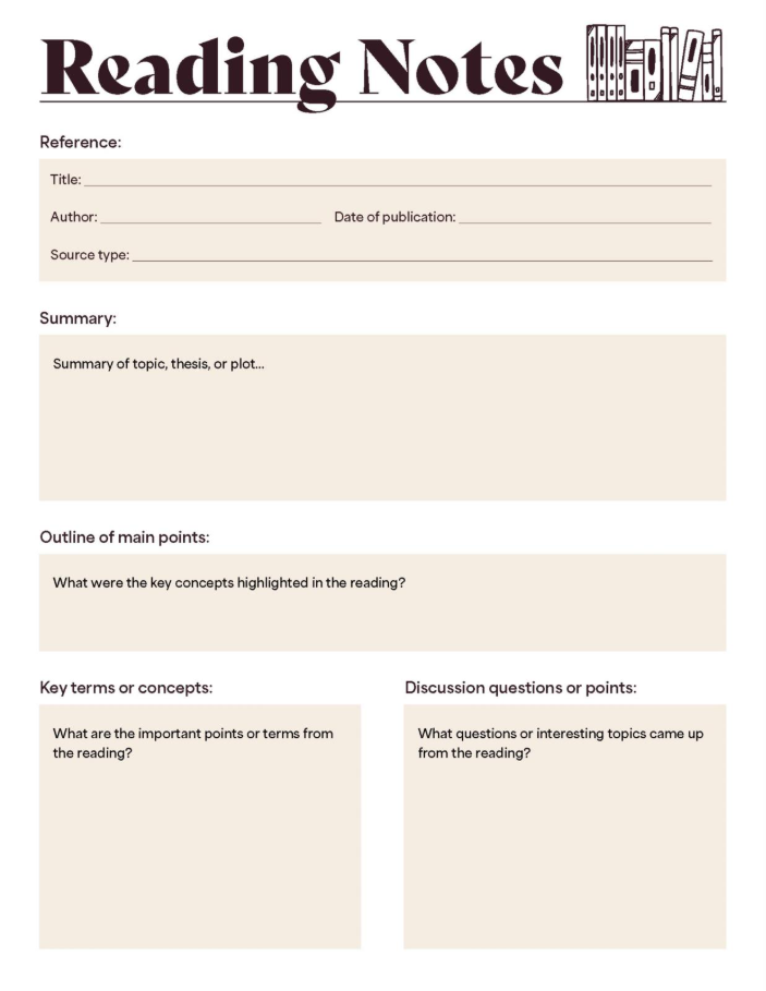 Reading note taking template with fillable fields, including title, author, publication date, source type, summary, outline, key terms, and discussion points.
