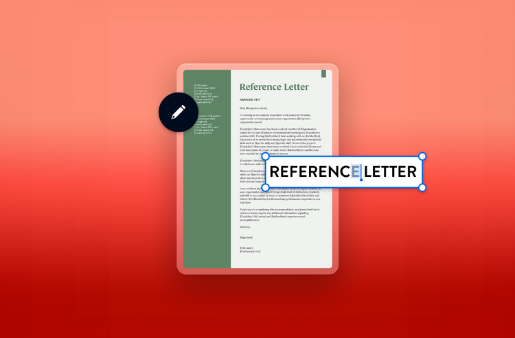 A laptop screen displaying a sample reference letter template with placeholder text, illustrating how to write and customize a professional letter of recommendation.