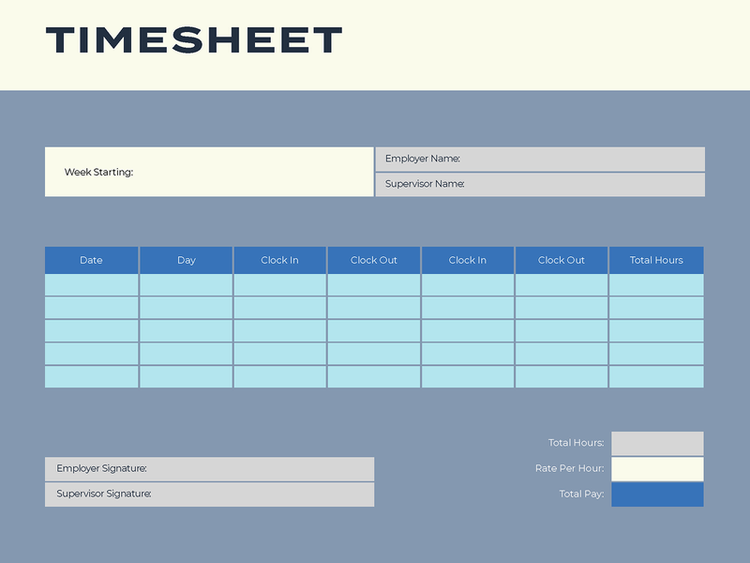 A printable time-tracking template includes blanks for the week, daily hours, total hours, names, signatures, and more.