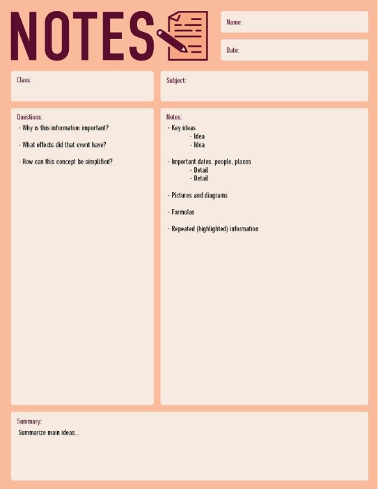 Cornell note method template with open boxes to fill in, including name, date, class, subject, questions, notes, and summary.