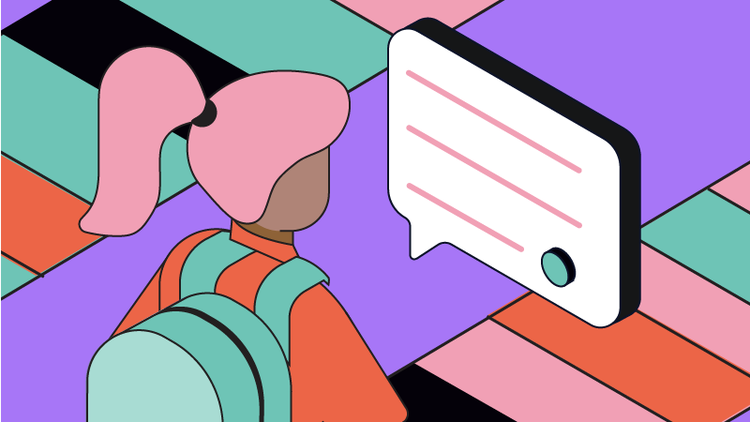 A woman is shown with a speech bubble in front of her with lines and a period at the end.