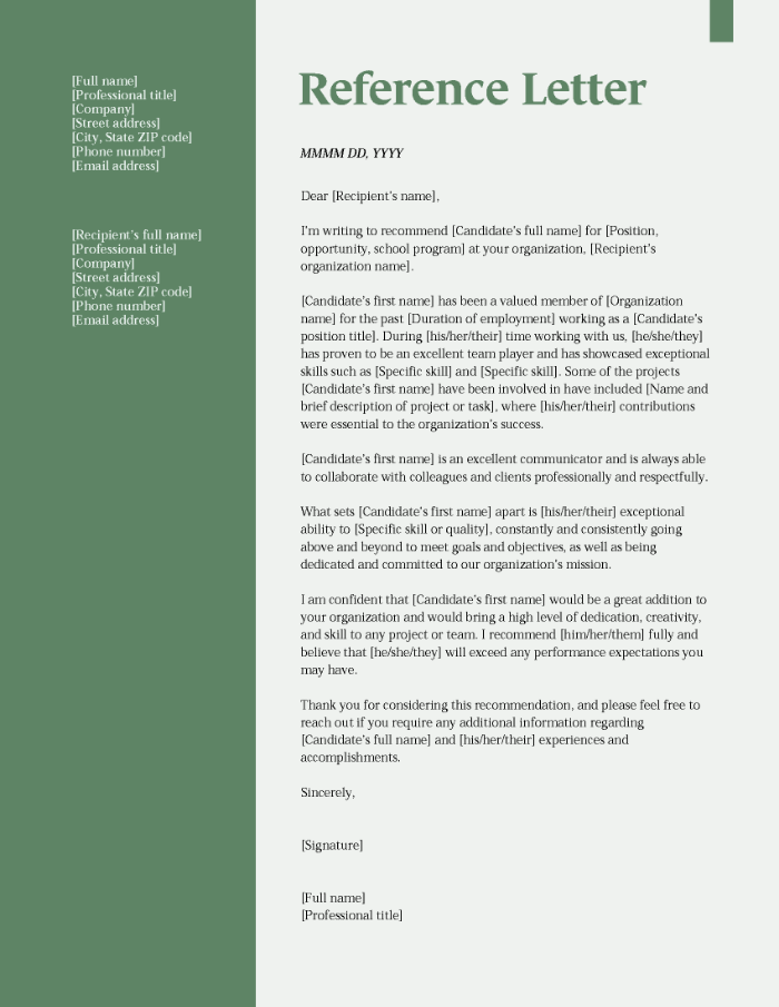 Screenshot of a reference letter template.