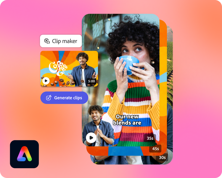 Adobe Express clip maker interface showcasing video editing features with colourful thumbnails and generate clips button.