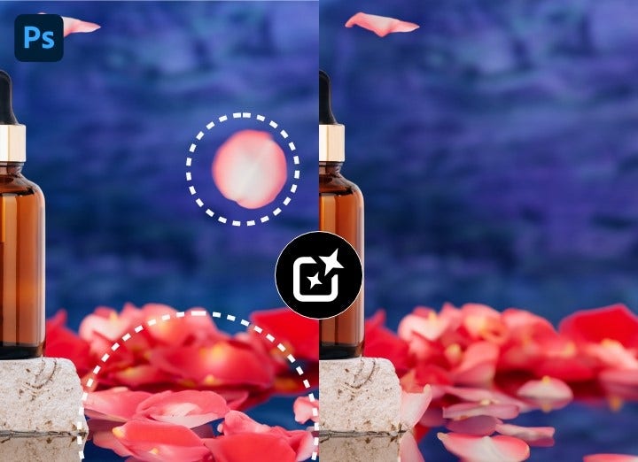 Before and after with selection overlay removing AI-generated flower petals from background in product photo