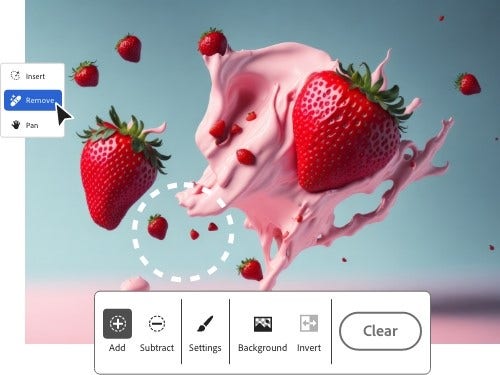 Firefly generated background of strawberries and milk with Remove feature selected with editing tools