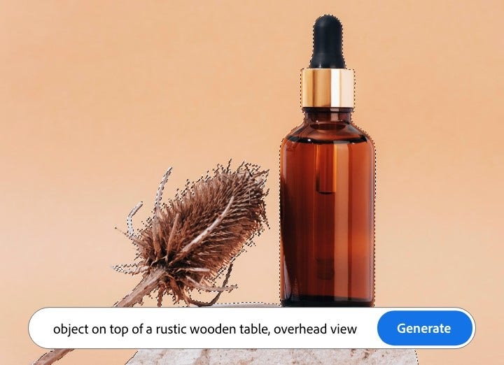 AI-generated product photo and background with text prompt overlay and Generate button in Firefly