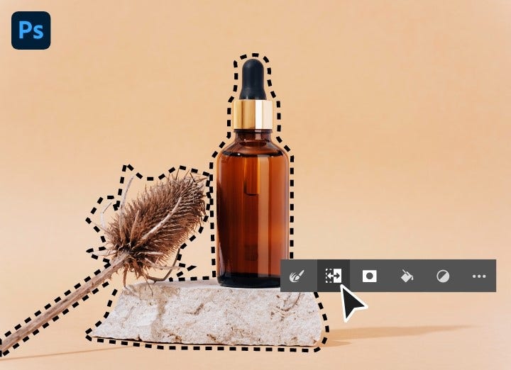 Bottle and flower product photo with beige background and Subject selection option within Firefly