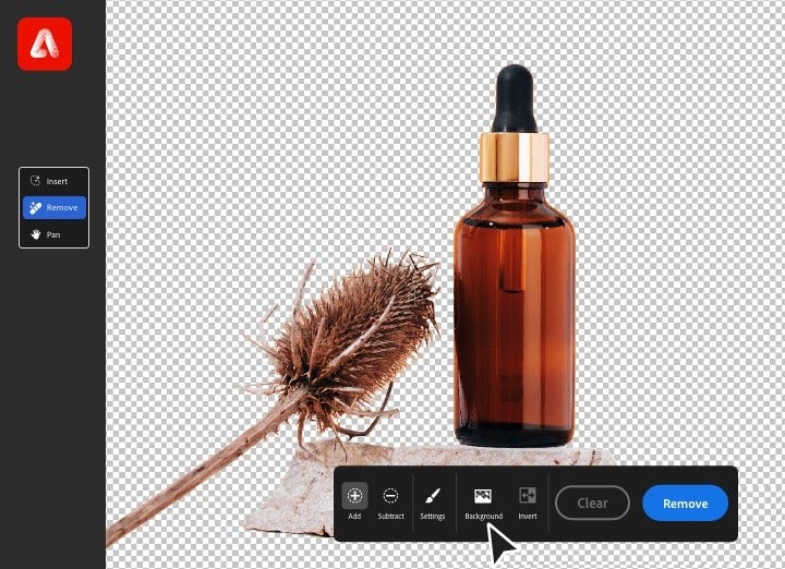 Bottle and flower with transparent background and background removal overlay to replace with AI-generated background for product photography