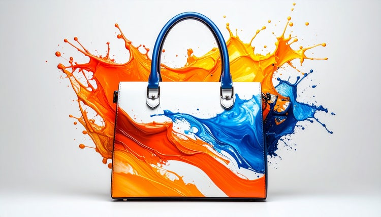 A white handbag with a blue handle splashed with vibrant orange and blue paint