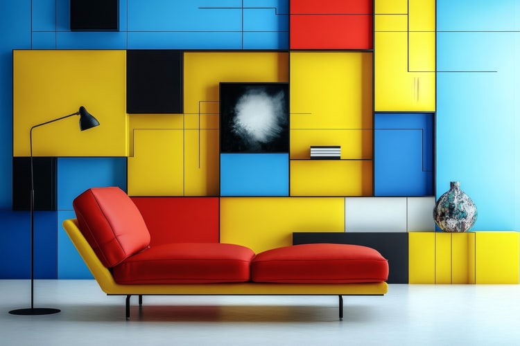 A stylish chaise lounge next to a colorful modern art living room wall