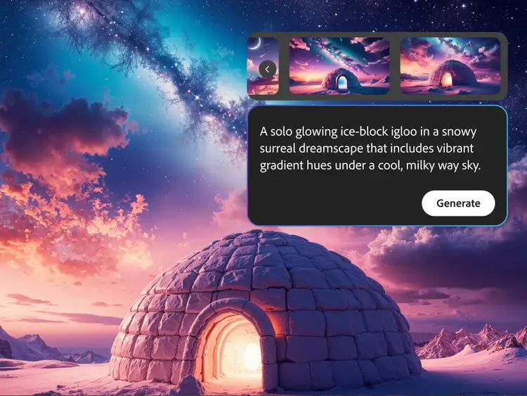 AI-generated image of a glowing igloo under a starry Milky Way sky in a surreal snowy landscape, created with Adobe Firefly's AI storyboard generator