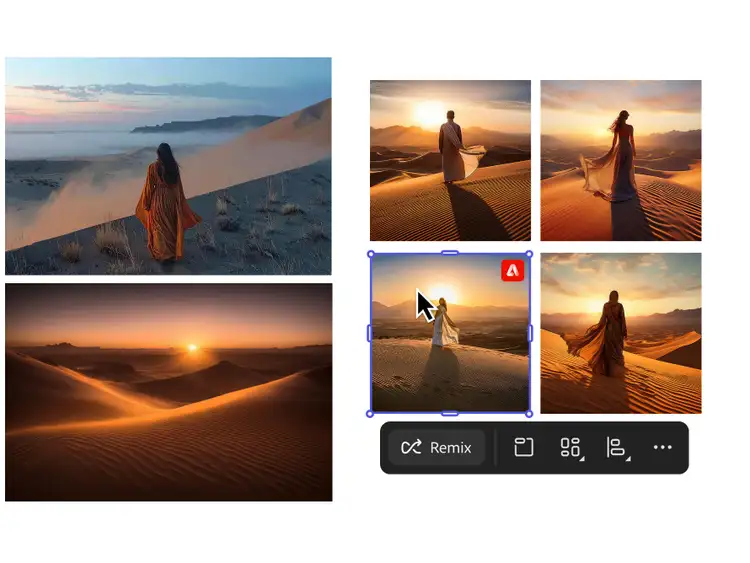 Mood board of AI-generated desert dune scenes at sunset featuring a robed figure, created with Adobe Firefly