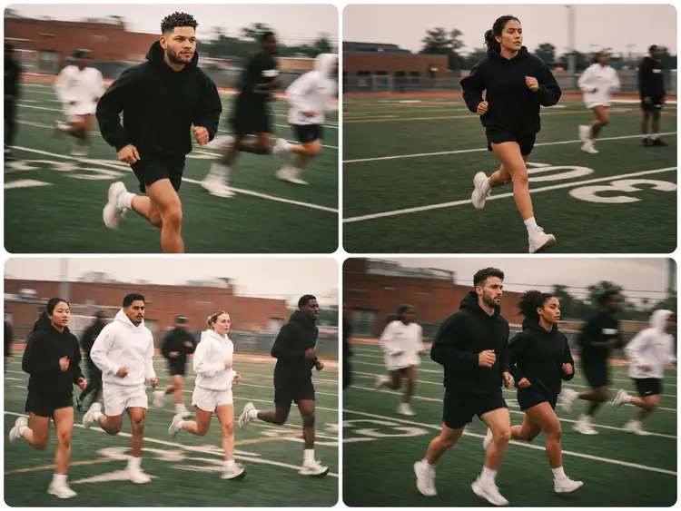 Four-panel sequence of people running on a football field, used to illustrate turning static photos into animated motion with Adobe Firefly's Image to Video tool