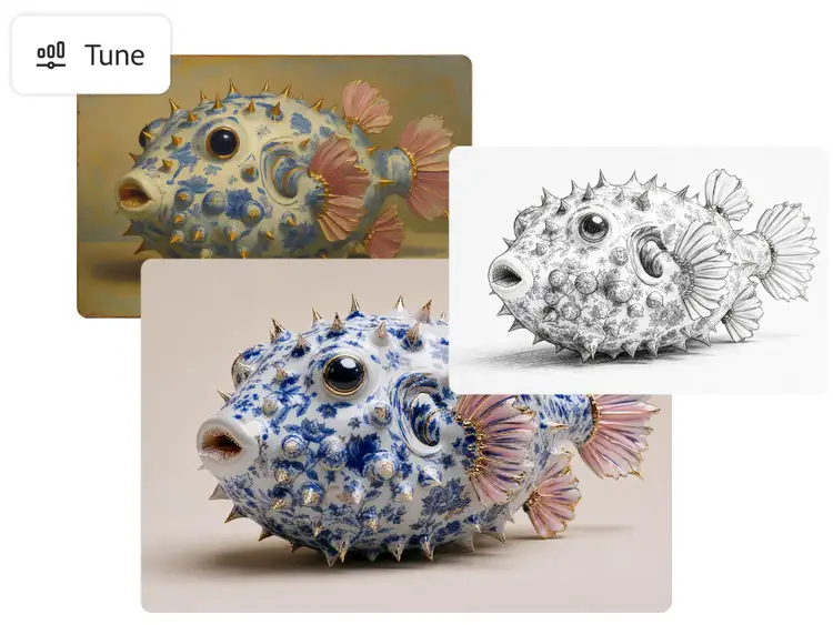 Three versions of a pufferfish illustration shown with Adobe Firefly's Tune feature, including a vintage-style painting, a line-art sketch and a realistic photo-style render