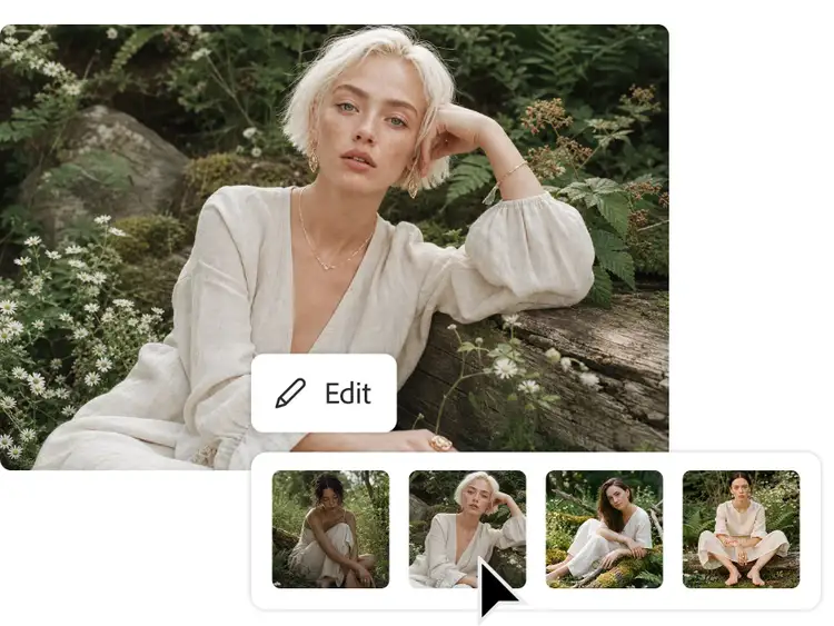 Woman in a cream dress seated among rocks and foliage, shown with four alternative style variations generated using Adobe Firefly's Text to Image tool