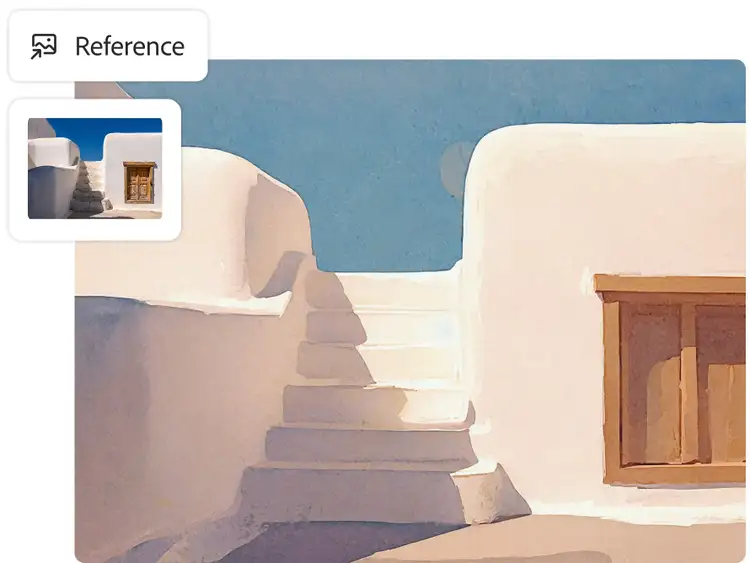 Painterly illustration of whitewashed Santorini-style steps and buildings, generated with Adobe Firefly's Text to Image tool using a reference photo of a Greek island doorway