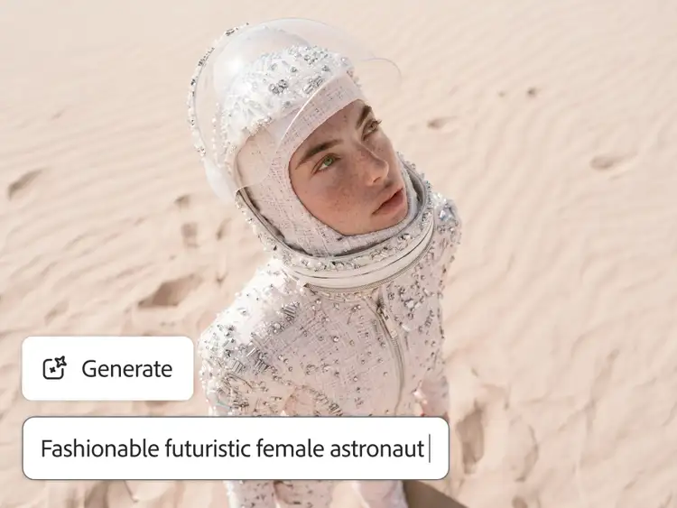 Woman in a bejewelled white astronaut-style outfit and clear visor standing on desert sand dunes, generated with Adobe Firefly's Text to Image tool from the prompt "Fashionable futuristic female astronaut"
