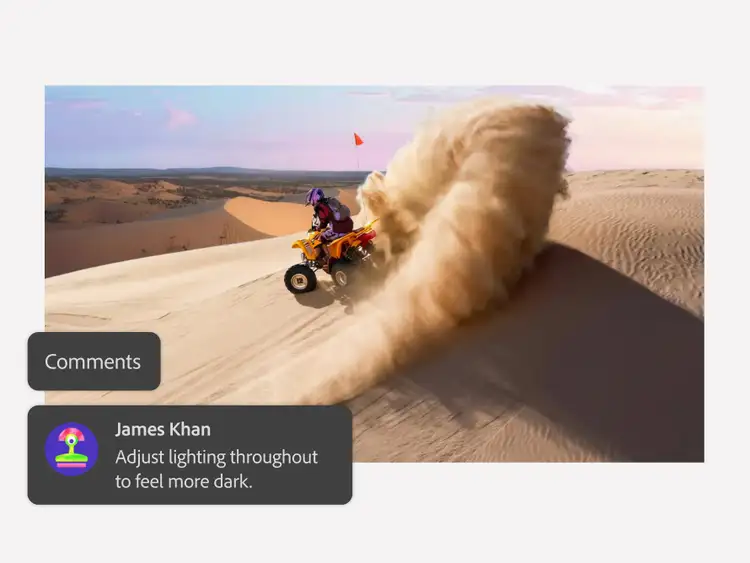AI-generated image of a quad bike kicking up sand on a desert dune, shown with a Firefly comment suggesting darker lighting