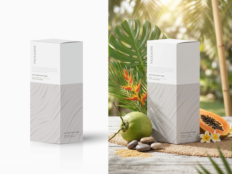 An image of a package against a white background is edited in Firefly to appear with fruit and flowers around it and against a jungle background.