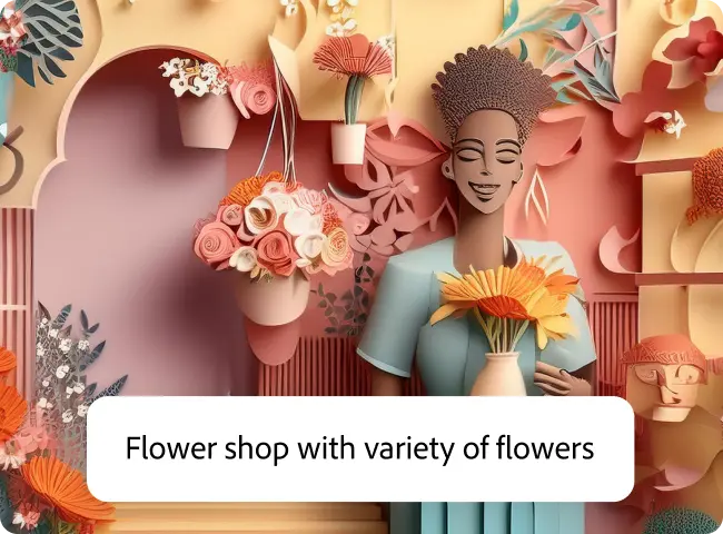 Pastel-coloured flower shop with a woman holding a bouquet, generated in Adobe Express