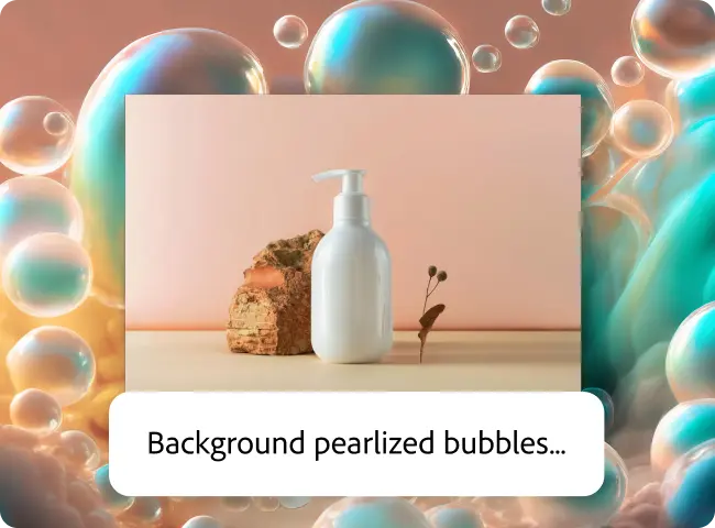 Lotion bottle sitting on a table with a pearlised bubble background generated in Adobe Express