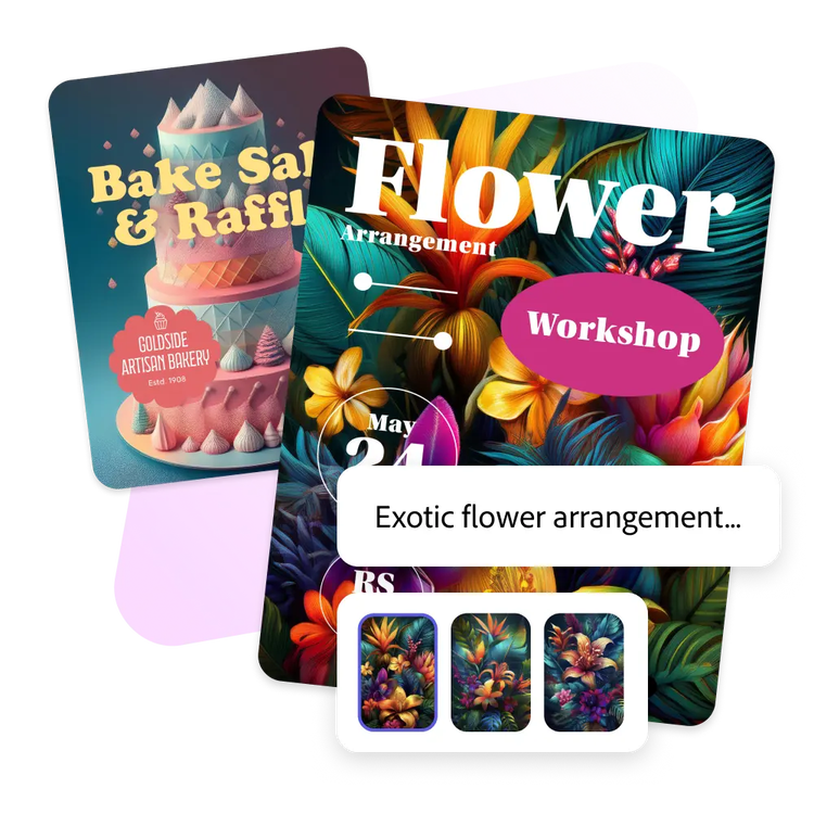 Flyers for a bake sale and flower arrangement workshop generated in Adobe Express