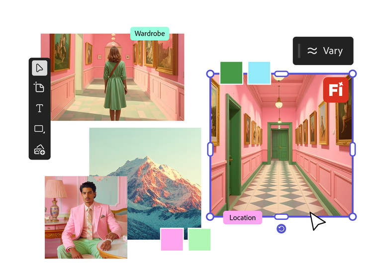 Cinematic mood board examples for stylistic pink and light green themed hallway sets and character costumes.