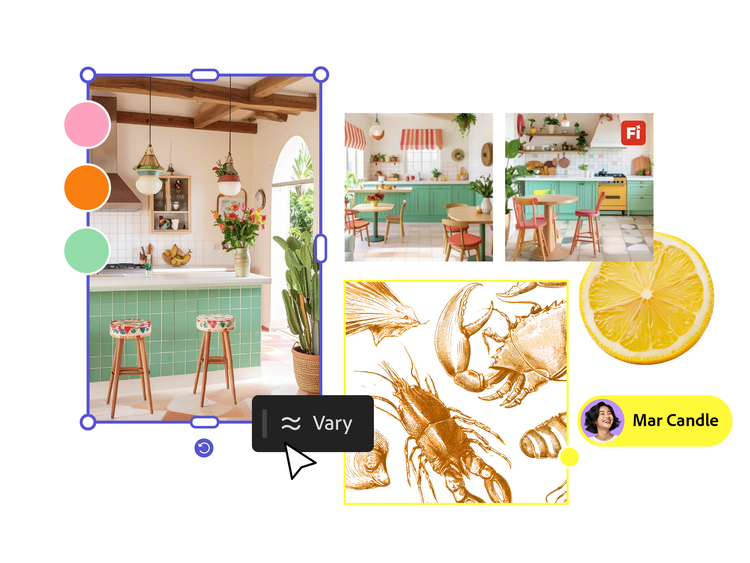 A mood board displaying a color palette and concept images for a retro kitchen with a crustacean print.