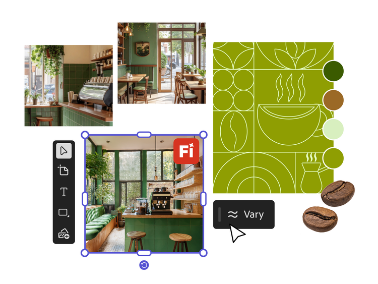 A branding mood board example for a café that includes a pattern sample, interior concept images and client feedback overlay.