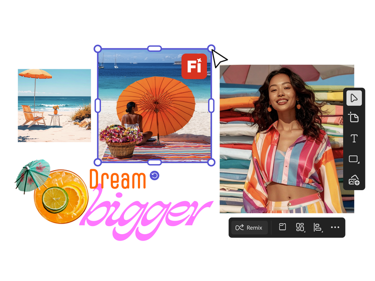 A mood board example with the text Dream Bigger that shows vibrant beach clothing and colored attire with pictures on sunny beaches.