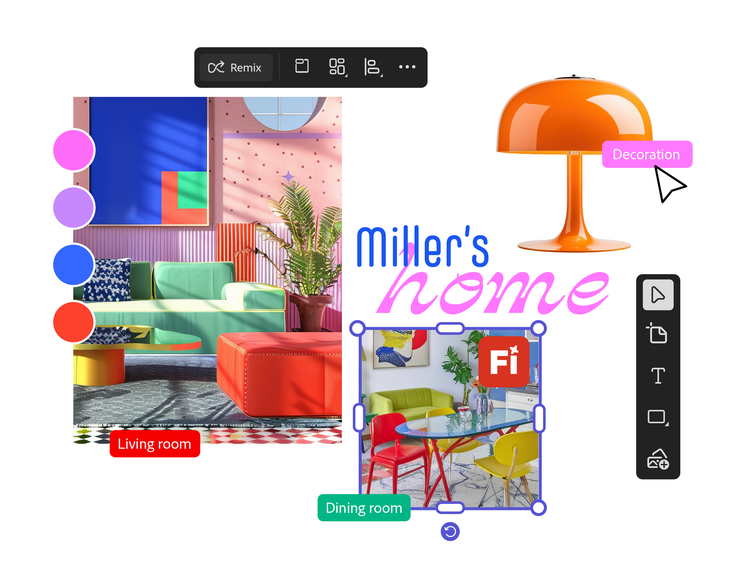 An interior design mood board example with playful retro inspiration images and colourful related photos of sitting rooms and kitchen.