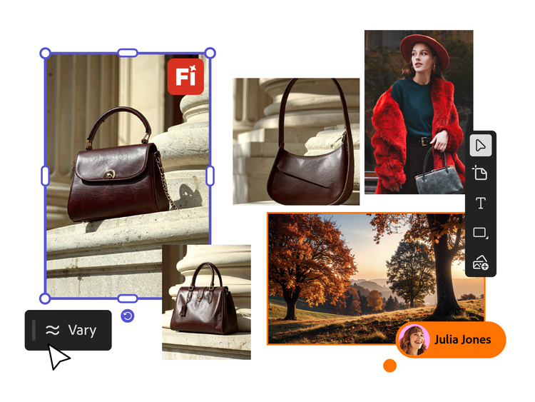 A fall fashion mood board example that features images of leather bags against stone columns, a woman modeling and a fall landscape.