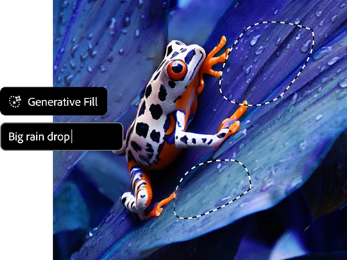 A frog on a leaf, with the words "generative fill" artistically integrated into the scene.