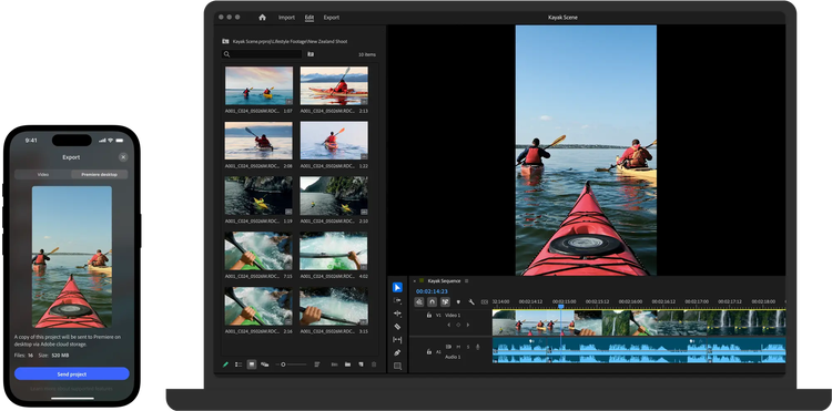The Premiere on iPhone UI with a clip of kayakers and the "Send project" button and the Premiere on desktop UI with the same clip, additional clips and the timeline.