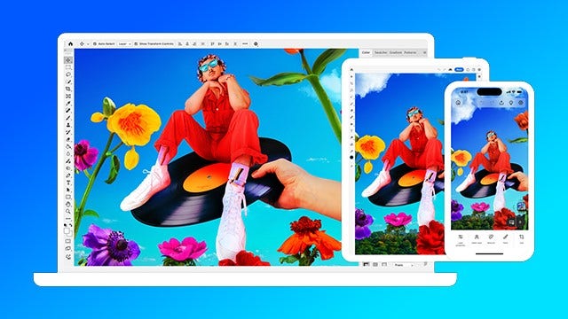 alt="Photoshop app displayed on desktop, iPhone, and iPad for creative editing on the go", Picture