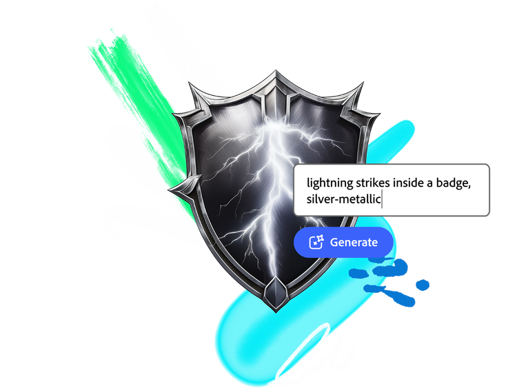 Custom Fantasy team badge with lightning effects and a prompt field using Adobe Express generative AI.