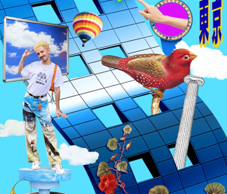 A surreal digital collage shows a blond figure standing on a pedestal amid floating clouds, a blue geometric structure, and a framed sky. A red bird on a classical column, a hot air balloon, pointing hand, and flowers create a playful mix of nature, architecture, and dreamlike symbolism.
