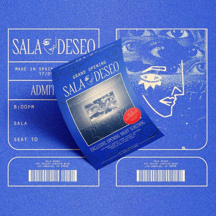 The image is a stylized, monochromatic blue graphic featuring overlapping tickets and posters for an event called “Sala Deseo.
