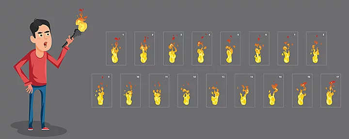 Animation loop sheet showing different stages of a flame burning.