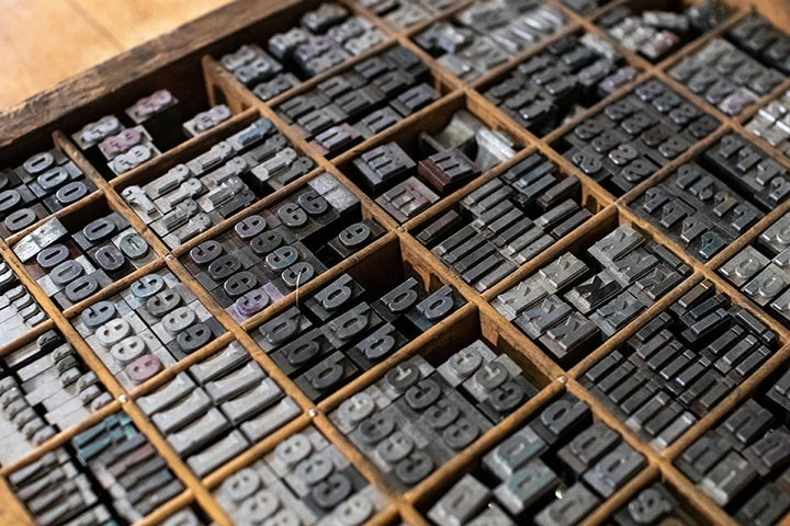 Lead letters in a box for letterpress printing