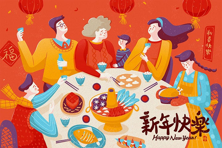 Illustration of a family at New Year