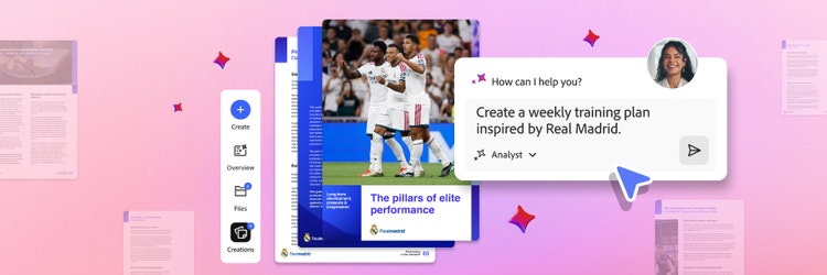 PDF Spaces interface featuring a sidebar menu, Real Madrid training plan document, and AI Assistant prompt box requesting for a weekly training plan