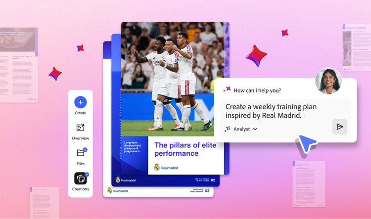 PDF Spaces interface featuring a sidebar menu, Real Madrid training plan document, and AI Assistant prompt box requesting for a weekly training plan
