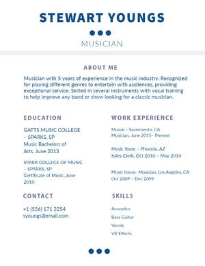 Blue and White Musician Resume Resume Examples