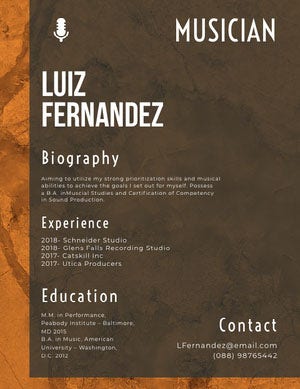 Brown and White Musician Resume Resume Examples