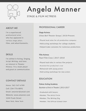 Gray Stage and Film Actress Resume Resume Examples
