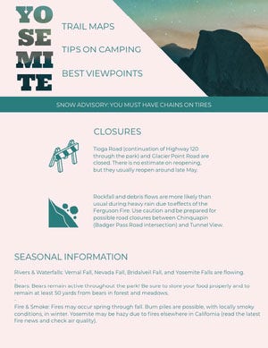 Turquoise Yosemite Travel and Hiking Newsletter Graphic Newsletter Examples