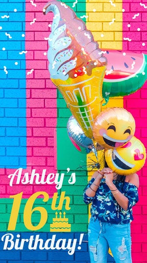 Multicolored Sixteenth Birthday Snapchat Story with Girl with Balloons Happy Birthday Card Ideas