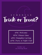 Violet and White Halloween Trick Or Treat Party Party Schedule Halloween Party